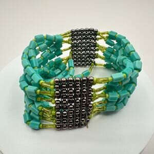 Vintage 90s Blue & Green Glass Beaded Multi Strand Cuff Bracelet Boho Jewelry